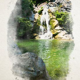 kleiner Wasserfall in Korsika in Aquarell von Youri Mahieu