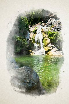 kleine waterval in Corsica in waterverf van Youri Mahieu