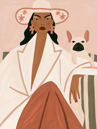 woman with a bulldog, boho style
