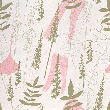 Bloemen in retro stijl. Moderne abstracte botanische kunst in roze, groen, wit van Dina Dankers