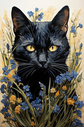 Zwarte kat in een zee van blauwe bloemen