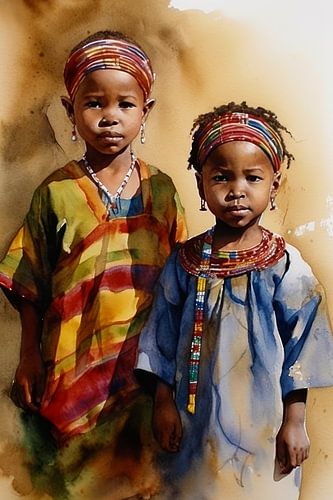 Afrika Aquarel Kinderen van Preet Lambon