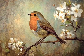 Robin on a branch with blossom