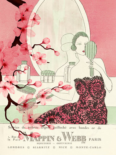Art Deco fashion illustration of a woman at a dressing table with blossoms