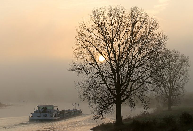 Inland ship in a misty morning by R. Maas
