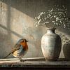 Landelijk nostalgisch - roodborstje bij vaas met gipskruid van Emiel de Lange