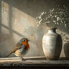 Ländlich nostalgisch – Rotkehlchen bei Vase mit Gipskraut von Emiel de Lange