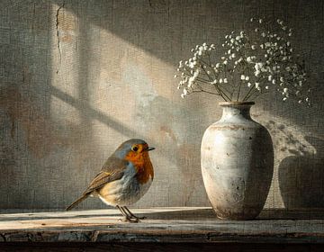 Landelijk nostalgisch - roodborstje bij vaas met gipskruid