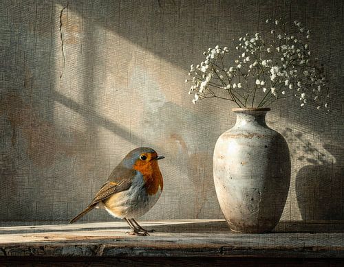 Landelijk nostalgisch - roodborstje bij vaas met gipskruid