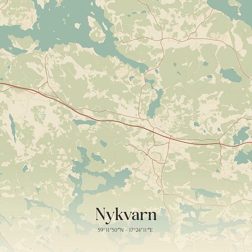 Vintage landkaart van Nykvarn, Sweden.
