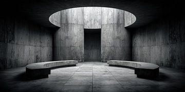 Central concrete room with symmetrical benches by Klaus Tesching - Art-AI
