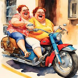 2 sociable ladies ride motorbikes by De gezellige Dames