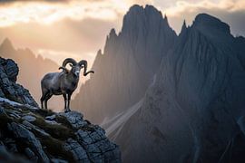 Mouton d'Amérique sur un affleurement rocheux avec un arrière-plan de montagne sur Markus Gann