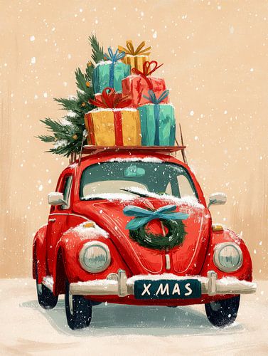Coccinelle de Noël vintage pleine de cadeaux - illustration hivernale atmosphérique