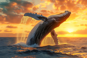 Buckelwal springt aus dem Meer bei Sonnenuntergang