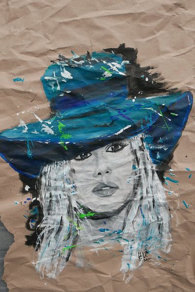 moderne Malerei Frau mit blauem Hut von jolanda verduin