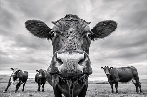 Close-up van nieuwsgierige koeien in weide
