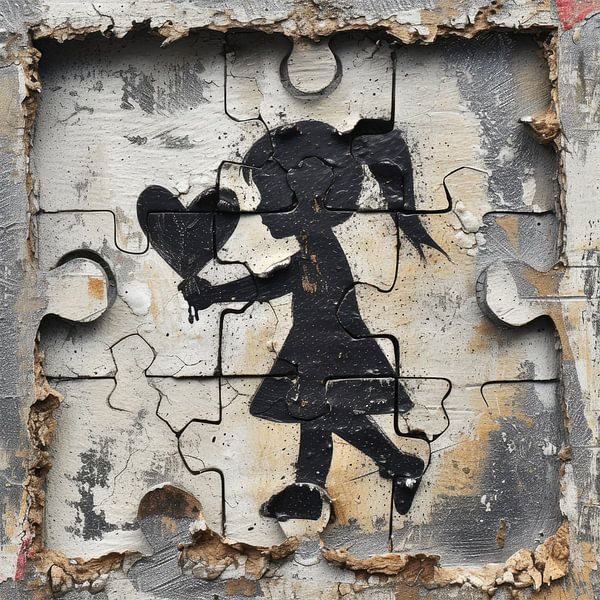 Silhouette of girl in a jigsaw puzzle by Vlindertuin-Art