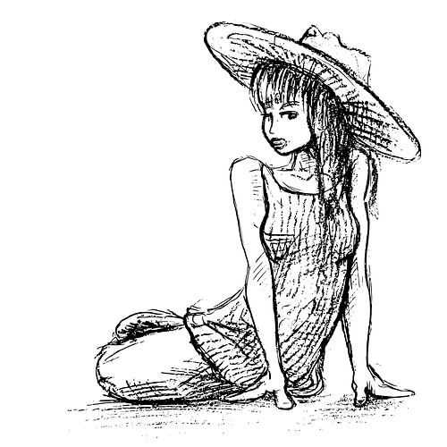 Vrouw met zonnehoed in zwart wit getekend