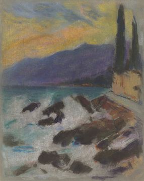Rotsachtige zeekust met cipressen (1925-1928) van Zoltán Palugyay van Peter Balan