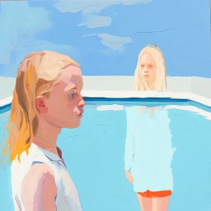Twee meisjes bij het zwembad van Vlindertuin Art