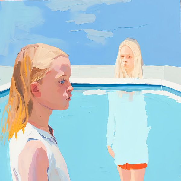 Twee meisjes bij het zwembad van Vlindertuin-Art