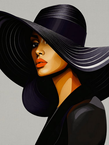 An elegant lady wearing a black hat and orange lipstick
