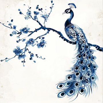 Japandi blue peacock on a branch by Lauri Creates