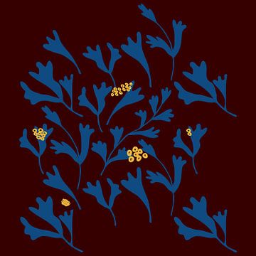 Flower market. Modern botanical art in cobalt blue, yellow and merlot by Dina Dankers