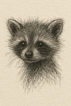 Draad portret baby wasbeer (speels lief zacht knuffeldier zwarte draadjes realistische tekening Canada wilde dieren )