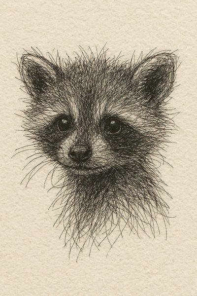 Draad portret baby wasbeer (speels lief zacht knuffeldier zwarte draadjes realistische tekening Canada wilde dieren ) van Natalie Bruns