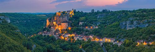 Panorama en zonsondergang bij Rocamadour, Frankrijk