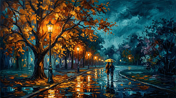 Romantische regenachtige herfstavond in het park | Filmisch-impressionistisch olieverfschilderij