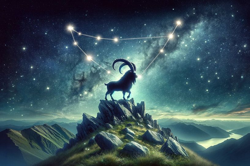 Sternzeichen Steinbock thront über nächtlicher Bergwelt von artefacti