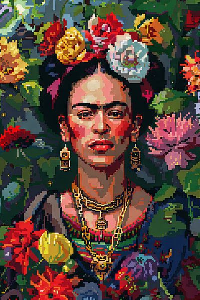 Frida's digital flower crown - pixel art portrait for retro art enthusiasts and collectors by Poster Art Shop
