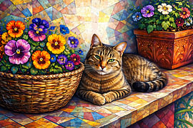 Chat et violettes