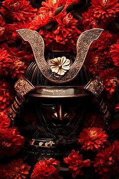Samurai schedel met rode bloemen van Poster Art Shop