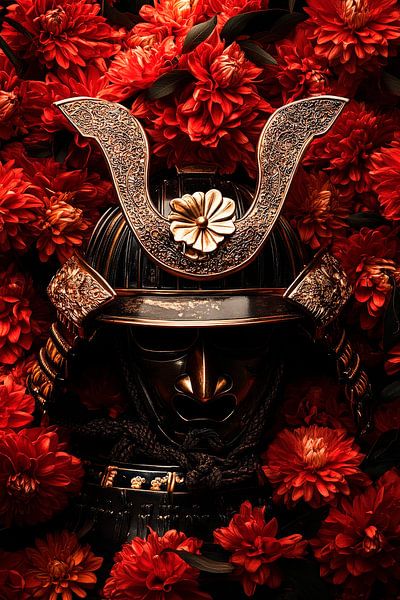 Samurai skull with red flowers by Poster Art Shop