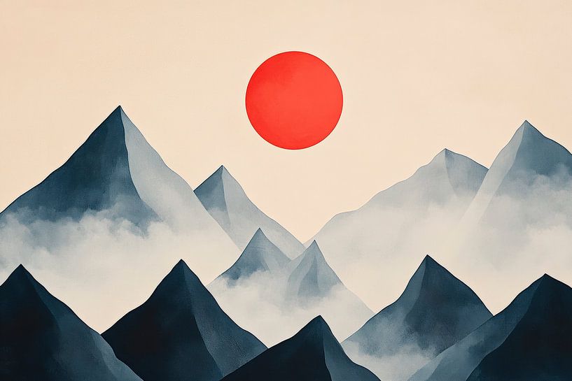 Mountain landscape with red sun by Poster Art Shop