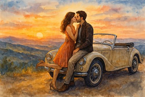 Romantische kus bij zonsondergang op oldtimer cabrio (AI) (date, liefde, verlieft, voorspel, zoenen, schilderij, aquarel, passie) van Natalie Bruns