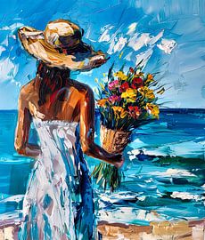 Frau mit Hut und Blumenstrauß am Wasser