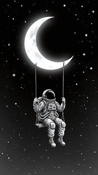 Astronaut Swinging on the Moon Dreamy Space Illustration mit skurrilen kosmischen Vibes