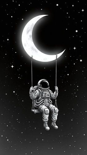 Astronaut Swinging on the Moon Dreamy Space Illustration with Whimsical Cosmic Vibes by AciiidArt