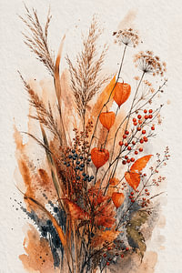Rustikales Herbstgemälde mit trockenen Gräsern und Lampionblume