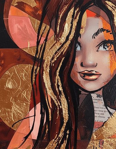 Expressief abstract kunstwerk met goudaccenten en manga stijl portret