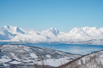 Winterlandschap met fjorden boven Tromso Noorwegen