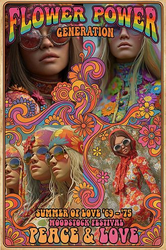 Flowerpower generatie vrouw met bloemen poster