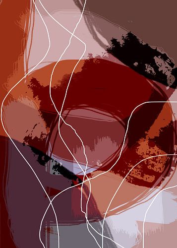Peinture abstraite moderne dans des couleurs chaudes : brun, orange, violet, noir et blanc.