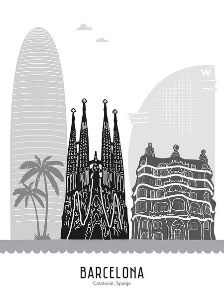 Illustration de la ligne d'horizon de la ville de Barcelone, Espagne, en noir et blanc-gris par Mevrouw Emmer