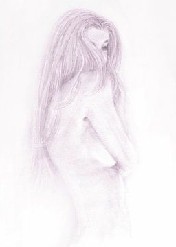Schets jonge vrouw , discreet naakt lila wit van Krista Kitsz Art